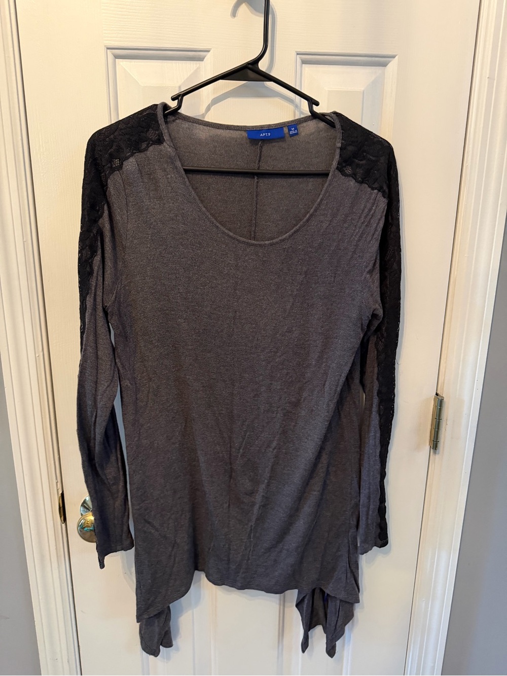Apt. 9 Charcoal Gray Top with Black Lace Sleeve Detail